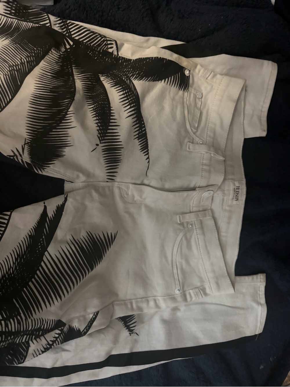 Hudson Jeans White Skinny Jeans with Black Palm Print